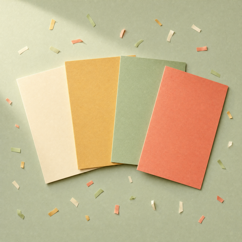 Four blank cards in cream, gold, sage and coral fanned out with paper confetti on a sage background