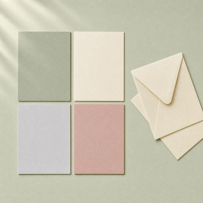 Four blank cards in sage, cream, grey and dusty rose laid out in a grid with two envelopes