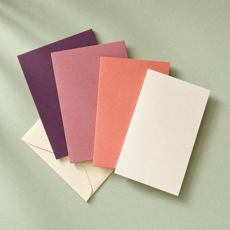 Four blank cards in plum, rose, coral and cream overlapping on a sage background
