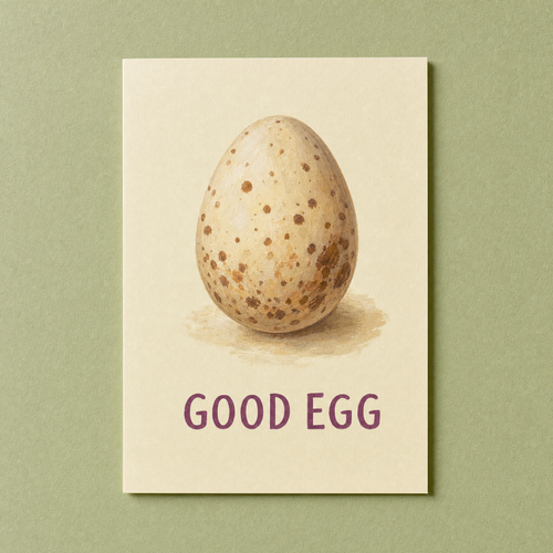 Good Egg card: a speckled egg painted in gouache on a small cream A6 card