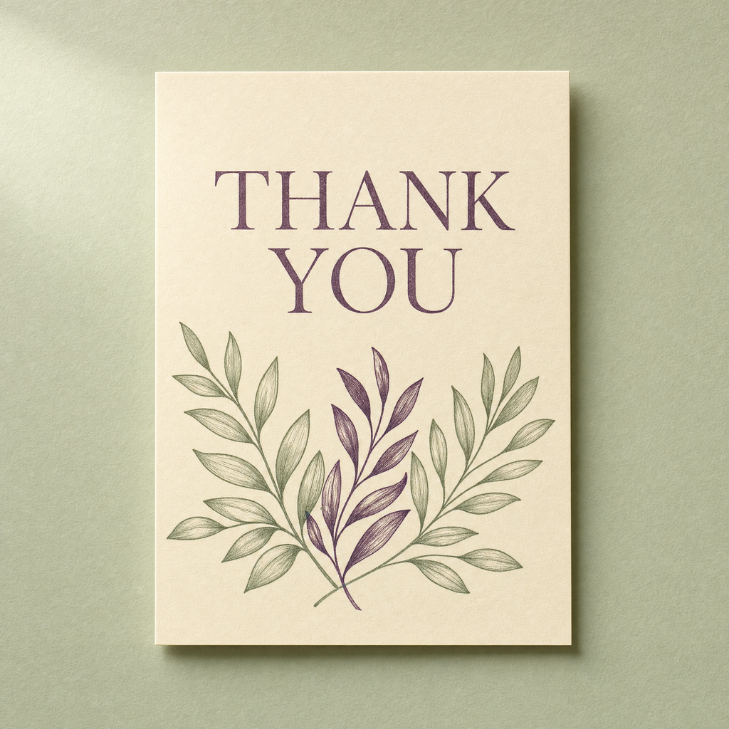 Thank You card: plum serif lettering above sage and plum laurel branches on a cream card