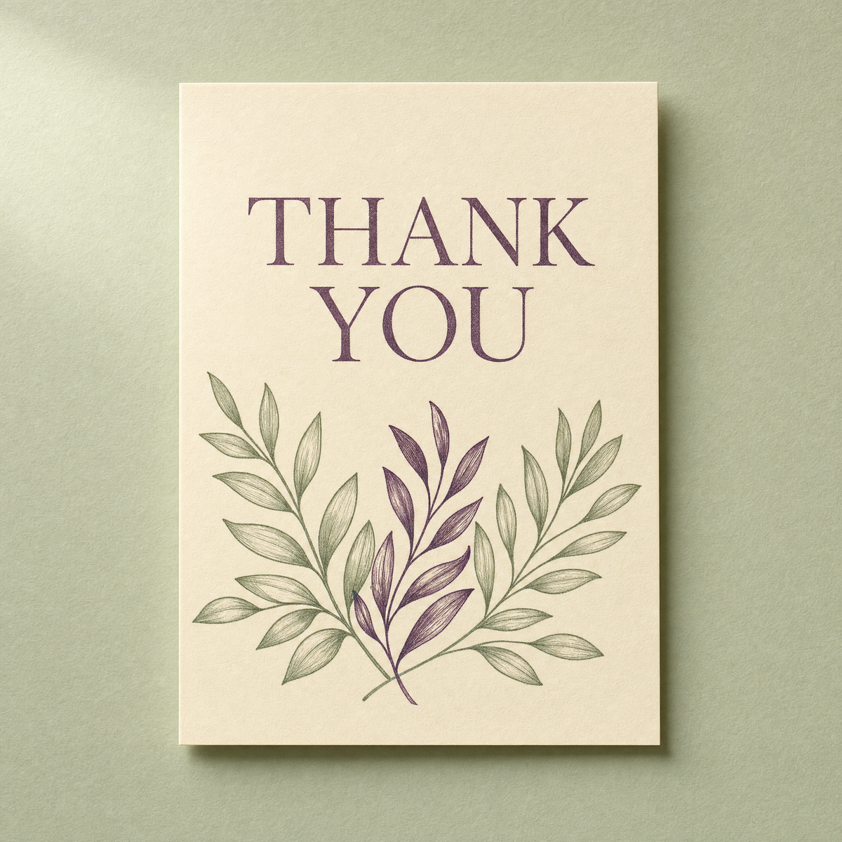 Thank You card: plum serif lettering above sage and plum laurel branches on a cream card