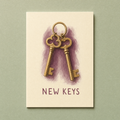 New Keys card: two brass keys on a ring painted in gouache on a cream card