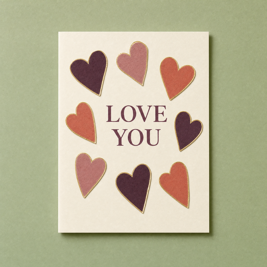 Paper Hearts card: nine hand-cut paper hearts outlined in gold foil on a cream card