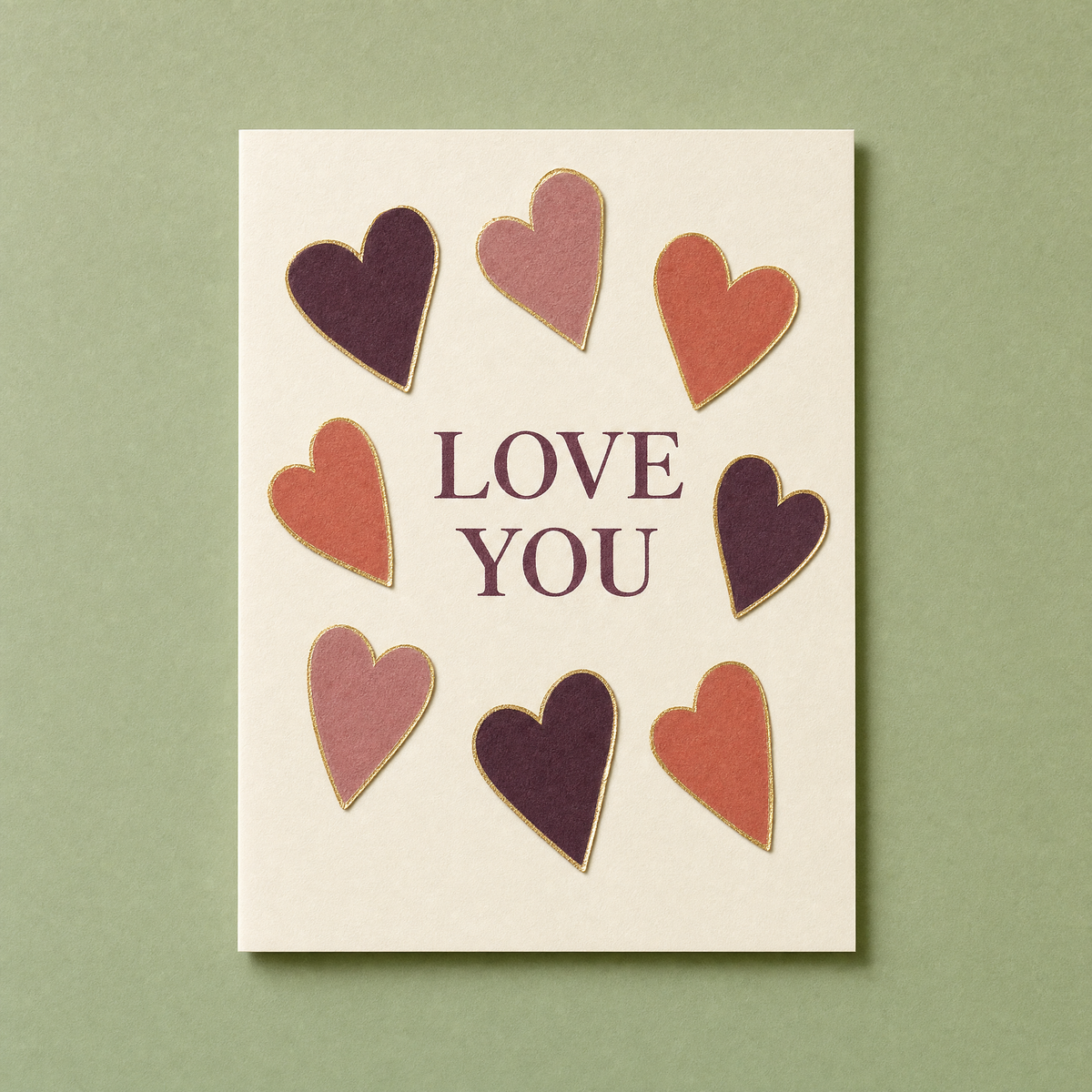 Paper Hearts card: nine hand-cut paper hearts outlined in gold foil on a cream card