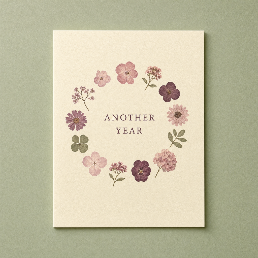 Another Year card: twelve pressed flower shapes painted in a ring on a cream card
