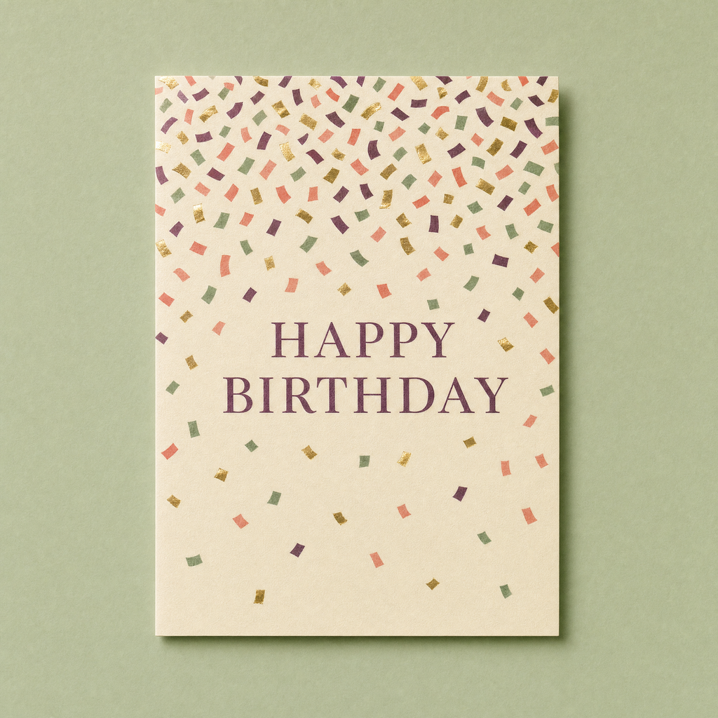 Confetti Birthday card: printed and gold foil confetti slivers scattered across a cream card