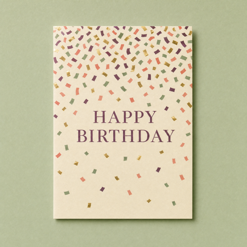 Confetti Birthday card: printed and gold foil confetti slivers scattered across a cream card