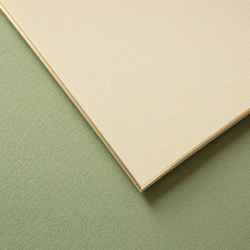 Corner of the card showing the uncoated 320gsm board and the gold foil edge